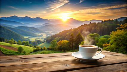 A steaming coffee cup sits on wooden table, overlooking breathtaking landscape at sunrise. mountains and valleys create serene atmosphere, perfect for relaxation