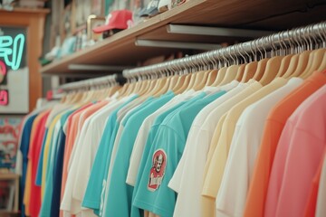 Vintage Threads: A vibrant collection of graphic tees awaits on wooden hangers, showcasing a retro aesthetic and a burst of color. 