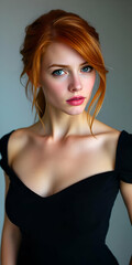 Fototapeta premium Red hair model with freckles looking at camera studio background wearing beautiful black dress