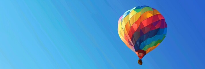 Fototapeta premium Floating high in a clear blue sky, a colorful hot air balloon offers a bright and tranquil travel experience, perfect for a serene adventure above the clouds, optimism concept, banner