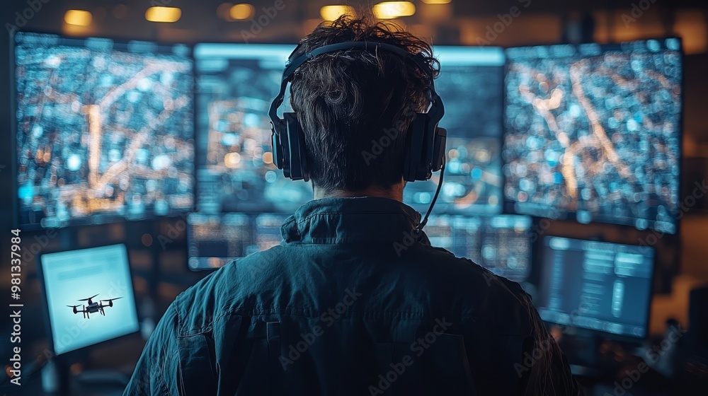 Poster operators monitoring drone activity in a high-tech control center during nighttime operations