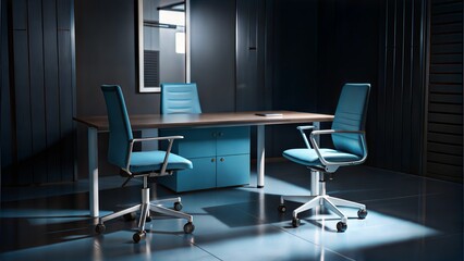 A modern office setup featuring a wooden desk and three blue ergonomic chairs in a sleek, minimalist environment