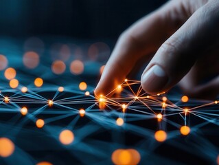 Business professional integrating digital data streams into a glowing network, symbolizing solutions for growth