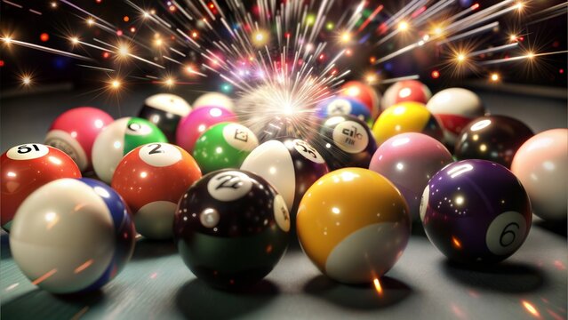 A set of colorful billiard balls arranged in a triangle formation with a dramatic burst of sparks in the background