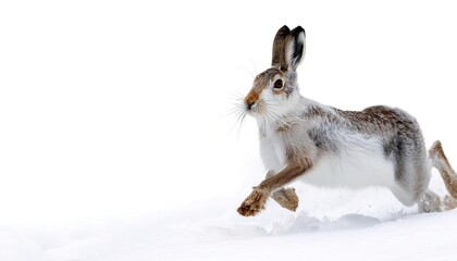 mountain hare - Lepus timidus - also known as blue, tundra, variable, white, snow, alpine, and Irish hare, is a species of Palearctic hare that is largely adapted to polar habitat.  isolated on white