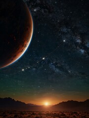 Distant planets with glowing rings set against a starry backdrop.