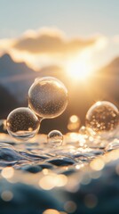 Soap bubbles floating on water with sunset