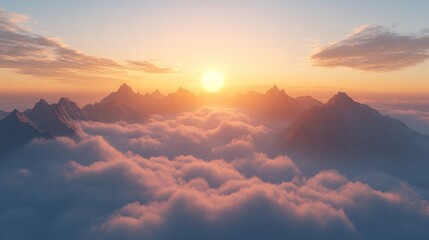 Mountain Peaks Emerge from a Sea of Clouds at Sunset