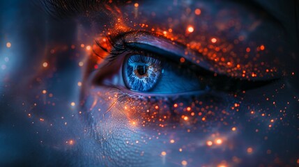 Fototapeta premium A captivating and mesmerizing profile of a woman illuminated by glowing particles and vibrant hues of color