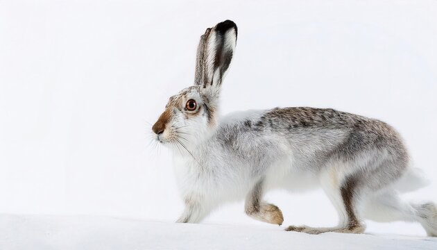 mountain hare - Lepus timidus - also known as blue, tundra, variable, white, snow, alpine, and Irish hare, is a species of Palearctic hare that is largely adapted to polar habitat.  isolated on white