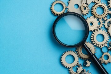 Exploring SEO Insights: The Intricate Dance of Gears and Magnifying Glass on Blue