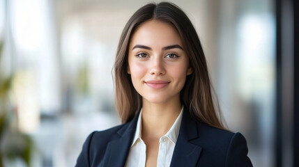 Obraz premium Smiling young businesswoman in a suit jacket inside an office building