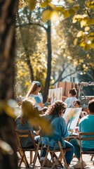 Fototapeta premium Individuals painting canvases in a lively outdoor art class, surrounded by nature. The session features vibrant colors and artistic collaboration, shared hobby for a group of people, deep connectionse