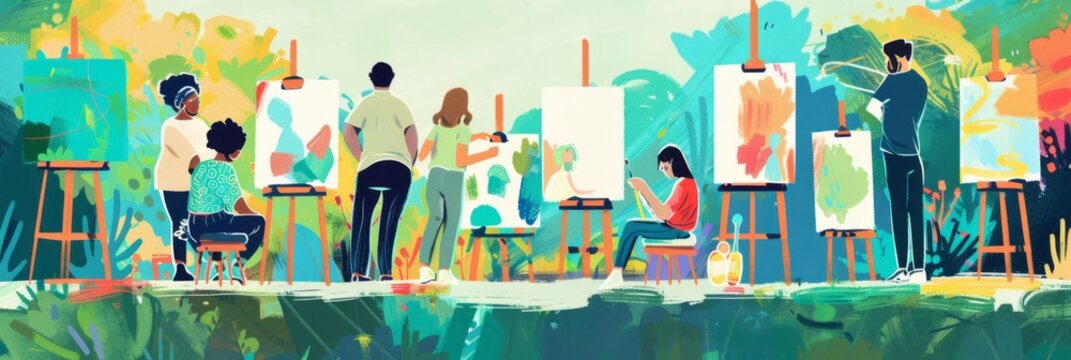 Outdoor art class in action with a group of people painting on canvases. The scene captures the creative process with brushes and vibrant colors, set against a picturesque natural backdrop, banner