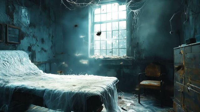A haunting video of an abandoned hospital room. Cobwebs grow rapidly, enveloping the bed and furniture. Eerie light shifts through the window as decay accelerates, creating a supernatural atmosphere.