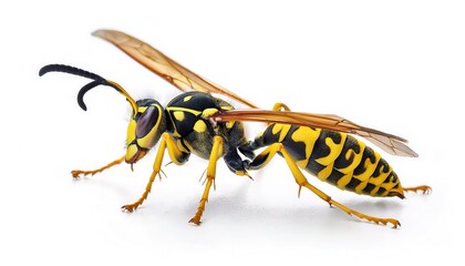 Vespula squamosa - southern yellow jacket - is a social wasp identified by its distinctive black and yellow patterning and orange queen. Isolated on white background with copy space