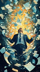 Fototapeta premium best sale team management A businessman overwhelmed by flying papers, symbolizing stress and chaos in the corporate world, illuminated by dramatic light.