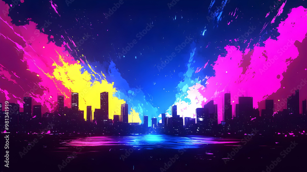 Poster Cityscape Silhouette with Neon Paint Splatter