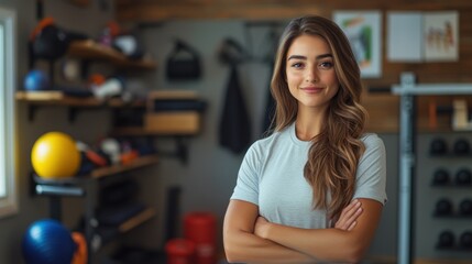 Confident Saleswoman Promoting Fitness Apparel with Motivational Energy in Home Gym Setting