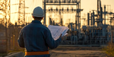 An experienced electrical engineer at a power plant holds blueprints, confidently observing the impressive infrastructure and appreciating the beauty of his work during a stunning sunset