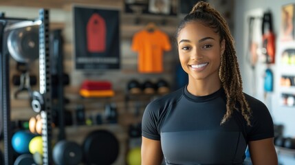Energizing Sales Demo: Motivated Saleswoman Showcasing Fitness Apparel & Accessories in Home Gym with Inspirational Posters & Equipment