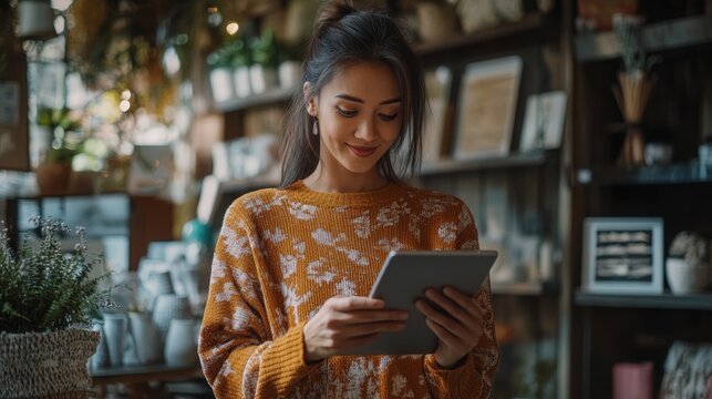 Energetic Saleswoman Live-Streaming Home Decor Tips and Engaging with Audience via Tablet