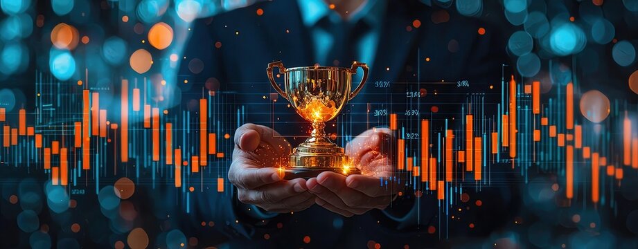 best sale team management A motivational image showing a successful salesperson holding a glowing trophy, with sales figures and charts floating in the background