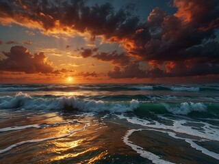 Dreamy sunset seascape with glowing waves and a swirling sky.