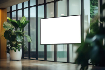 Mockup blank TV LED screen in hall of corporate interior. Showroom in shopping mall. Empty space for advertisement. White background for text
