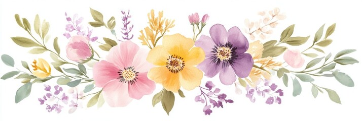 This vibrant watercolor wildflower collection showcases shades of pink, yellow, and purple blossoms, making it ideal for weddings, birthdays, and various heartfelt greetings for any occasion