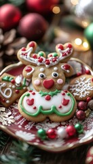 Decorated Christmas Reindeer Cookie on Festive Plate with Holiday Treats, Perfect for Posters and Cards