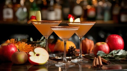A cocktail bar with autumnal drinks, featuring apple martinis, cinnamonrimmed glasses, and garnishes of fresh fall fruit