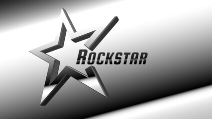 Rockstar star icon isolated on gradient background. Rock star sign black and white light on metallic background with 3D star shape. Vector illustration with editable text for website and app design.