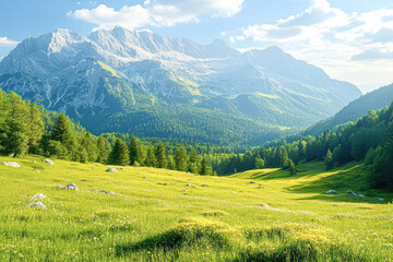 Obraz premium Tranquil Mountain Landscape with Forested Hillside and Rocky