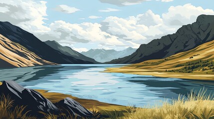 Obraz premium Serene Lake Landscape with Mountains and Clouds