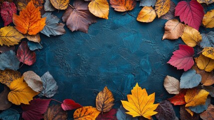 Colorful Autumn Leaves Arranged in a Circle on a Blue Background