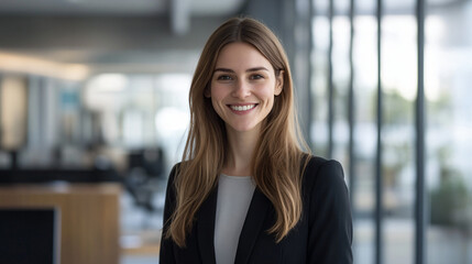 Fototapeta premium Successful young businesswoman radiates confidence and joy in modern office setting with city view