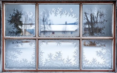 A frosted window pane with intricate snowflake patterns, offering a view of a snowy landscape beyond.
