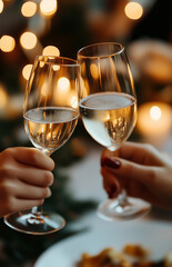Two people toasting with champagne glasses at a festive dinner table