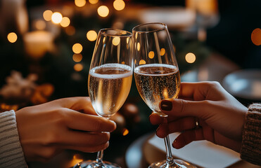 Two people toasting with champagne glasses at a festive dinner table