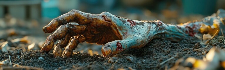 A lifelike severed hand reaches out from the dark, damp soil during Halloween