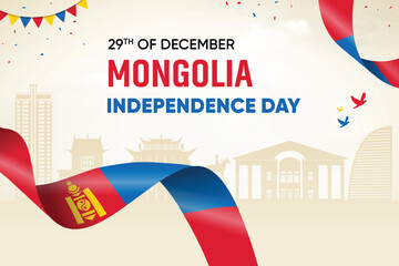 Mongolia Flag Waving On Skyline Background. Independence Day Concept Design Vector Illustration.