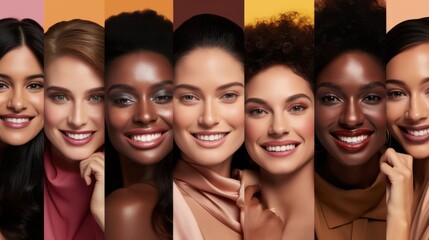 Obraz premium A vibrant collage of diverse women smiling radiantly, showcasing a celebration of beauty, diversity, and unity in colorful attire.