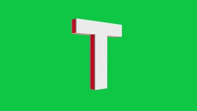 3D T letter logo rotating on green screen chroma key background, 4K English alphabet animation video clip