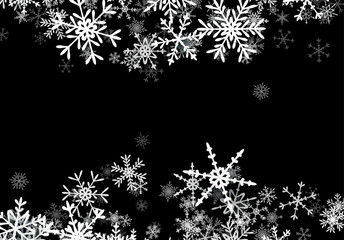 Christmas background with falling snowflakes. Winter holiday background or frame with pattern of layered snow.