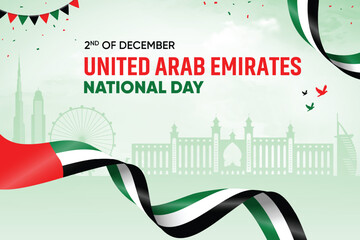 United Arab Emirates Flag Waving On Skyline Background. National Day Concept Design Vector Illustration.