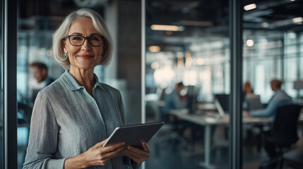 Fototapeta premium Elegant businesswoman is holding a tablet and smiling in a busy office with coworkers in the background