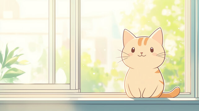 An adorable anime cat character, sitting on a windowsill bathed in morning light, soft expression, pastel colors, kawaii style, simple background with a cozy home feel