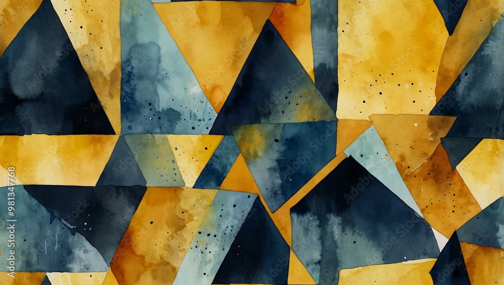 Wall mural Dynamic abstract watercolor with yellow and blue geometric shapes.