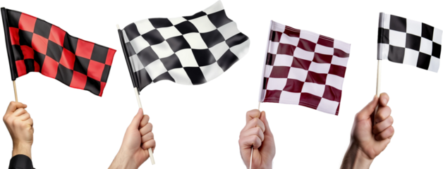 set of hands holding a racing flag isolated white background